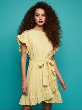 Joe Fresh Jillian Harris Yellow Stripe Ruffle Skirt Linen Blend Dress Size M